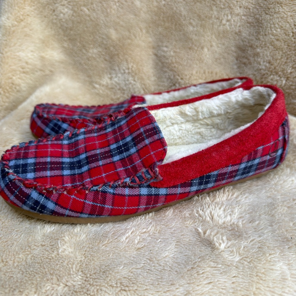 Lands' End Women's Red Blue Tartan Plaid Flannel Moccasin Faux Shearling Sz 7B